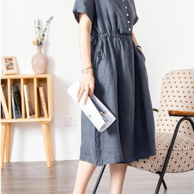 Đầm linen dáng suông cổ V , Đầm sơ mi ngắn tay nhún eo, mặc đi chơi, đi làm Haint Boutique Da173