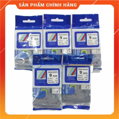 Nhãn In TZ2-S221 - Đen nền trắng 9mm x 8m - Dùng cho máy in BROTHER - AIMO - PUTY [Hàng nhập khẩu]