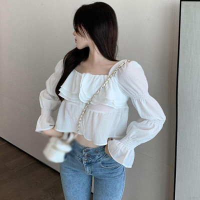 Áo nữ cổ vuông bèo nhún màu trắng thời trang Hàn Quốc