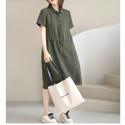 Đầm sơ mi nữ form suông ngắn tay, Đầm đũi nữ cổ sơ mi kèm dây thắt eo màu rêu Da75