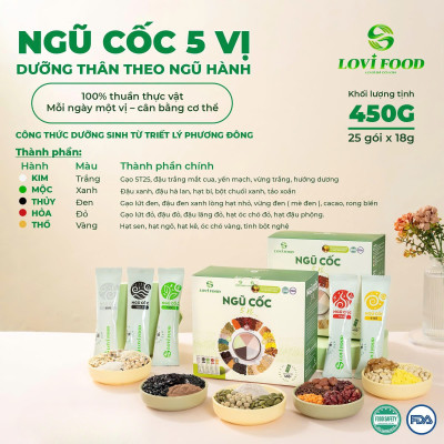 Ngũ Cốc 5 Vị LoviFood Hộp 480g (25 gói x 18g) - Thực Phẩm Bổ Sung Dinh Dưỡng Cho Mẹ Bầu, Sau Sinh, Người Già, Người Tiểu Đường, Ăn Chay, Ăn Kiêng, Eat Clean, Healthy, Tốt Cho Tim Mạch, Giúp Ngủ Ngon Hơn