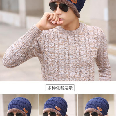 Mũ len lót lông kem khăn len lót lông chụp cổ mũ của đàn ông mùa đông Hàn Quốc sóng len mũ dày đan mũ mùa thu và đội mũ mùa đông MS57