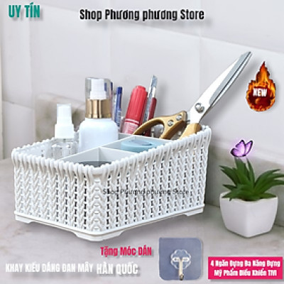 Khay đựng mỹ phẩm cao cấp nhiều ngăn kiểu dáng mây đan HÀN QUỐC ( Tặng vỉ dán tường )