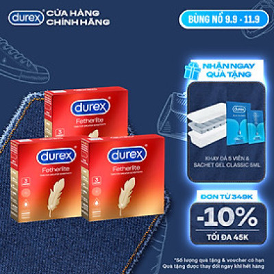 Bộ 3 hộp bao cao su Durex Fetherlite siêu mỏng, size 52.5mm, 3 bao/hộp