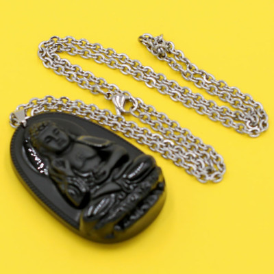 Vòng cổ mặt Phật A Di Đà - thạch anh đen 4.3cm DITTEO7 - dây inox - tuổi Tuất, Hợi