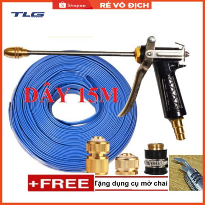 Bộ dây vòi xịt nước rửa xe, tưới cây . tăng áp 3 lần, loại 15m 206318 đầu đồng,cút đồng+ tặng mở chai