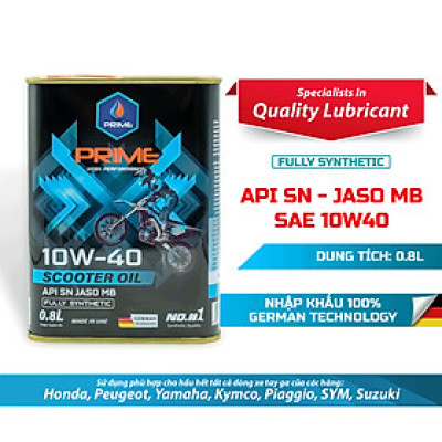 Dầu Nhớt Xe Tay Ga PRIME 800ml Tổng Hợp Toàn Phần SAE 10W40, API SN, JASO MB, Nhập Khẩu Chính Hãng Cho AB 125, Lead, Click
