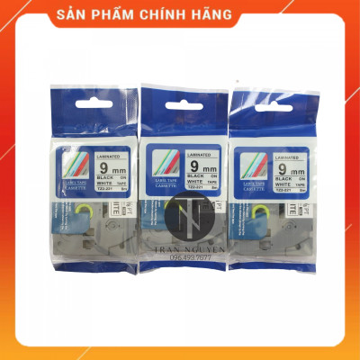 [ Combo 05 cuộn] Nhãn TZ2-221 tiêu chuẩn - Chữ đen trên nền trắng 9mm - Hàng nhập khẩu