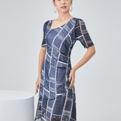 Đầm Voan Xòe Cổ Xẻ Họa Tiết Khung Maxivic, La Mộc - LM0122136