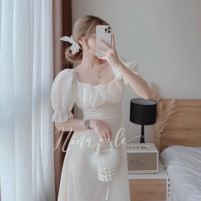 Đầm tay phồng xếp ly ngực