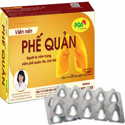 PQA Viên nén Phế Quản là dược phẩm thảo dược hỗ trợ bổ phế giúp ngăn ngừa các biểu hiện ho, ho có đờm, ho khan do viêm họng, viêm phế quản.