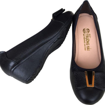 [HÌNH ẢNH THẬT]  Giày nữ đế xuồng 3cm Trường Hải đính nơ xinh màu đen da bò cao cấp mềm mại đế xuồng cao su chống mòn không trơn DX0311