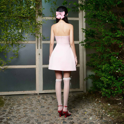 DOTTIE - Đầm ngắn cúp ngực phối nơ - Hồng - D0577