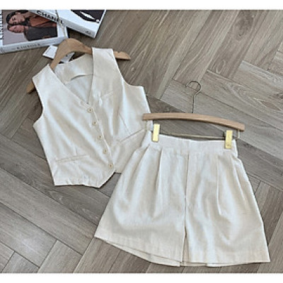 Set bộ linen gồm áo sơ mi + quần short dáng chữ A, hàng hot girl 2025 Bv01