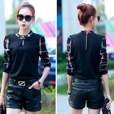 Áo kiểu nữ , áo nữ cổ trụ phối màu hoạ tiết kẻ caro ale44