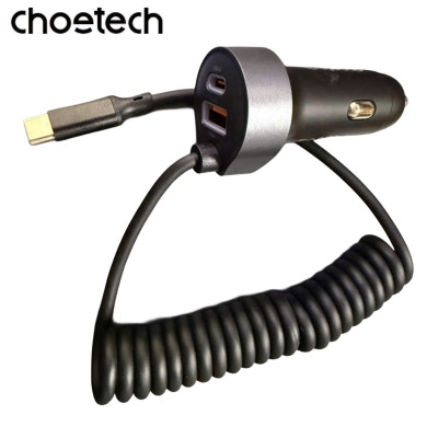 Tẩu sạc Choetech TC0030 nhanh ô tô 65W  tích hợp thêm dây cáp sạc lò xo Type C (Hàng chính hãng)