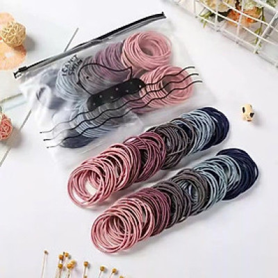 Set 100 dây chun buộc tóc trơn nhiều màu co giãn tốt đựng trong túi zip tiện lợi, có thể tái sử dụng Nhung Voi Nữ
