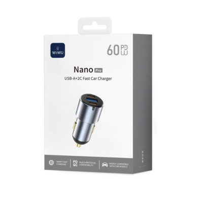 Tẩu củ sạc nhanh 60W cho xe hơi ô tô 2 PD3.0 Type- C + USB-A QC3.0 hiệu WIWU Nano Pro cho iphone 17 16 15 14 13 12 iPad Vivo Oppo samsung cho Macbook - hàng nhập khẩu