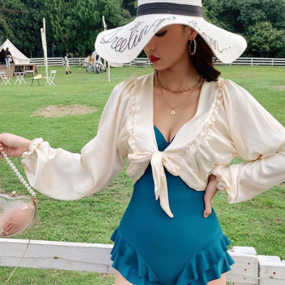 Bộ đồ bơi bikini nữ 1 mảnh giấu bụng tôn dáng đi tắm biển kèm áo ren trắng khoác ngoài chống nắng - B. 04