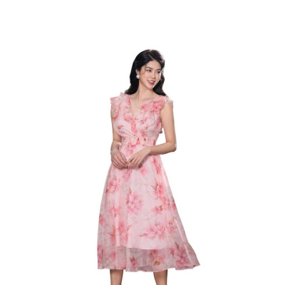 Đầm hoa xòe, cổ tim, bèo thân trên Emspo DS4199