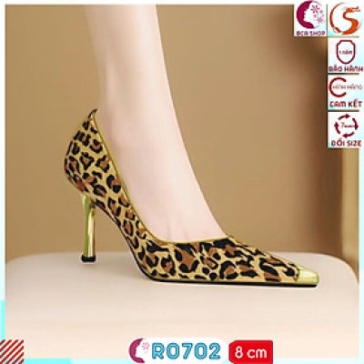Giày đi tiệc nữ phong cách độc đáo họa tiết da beo cao 8cm RO702 ROSATA tại BCASHOP mũi nhọn bọc kim loại vừa sang vừa cá tính
