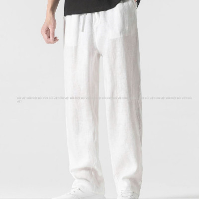 Quần nam chất linen form suông, bản ống vừa phải không quá rộng, cap chun dây rút Qd10