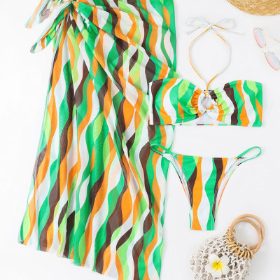 Bộ 3 mảnh áo tắm xẻ tà váy bikini đi biển in hình nữ