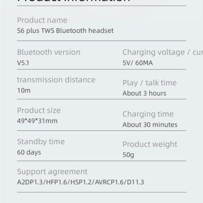 CINCATDY Tai Nghe Bluetooth Earbuds Gaming Headset True Wireless Headphone Dock Sạc có Led Báo Pin Kép S6 PLUS