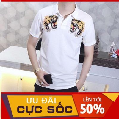 Áo Thun Nam Ngắn Tay Có Cổ Phối Họa Tiết Thêu Hai Đầu Hổ Cao Cấp Chất Vải Không Xù Không Phai Màu Hàng VNXK