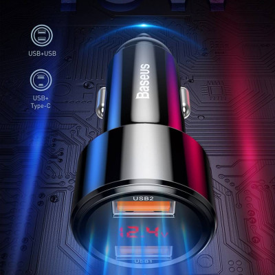 Tẩu củ sạc nhanh đa năng cho xe hơi / xe ô tô trang bị cổng Type-C PD và USB hiệu Baseus Aurora trang bị đen LED hiển thị thông số sạc (Công suất 45W - 6A, Quick Charge 3.0 / Quick Chagre 4.0, sạc nhanh PD) - Hàng chính hãng