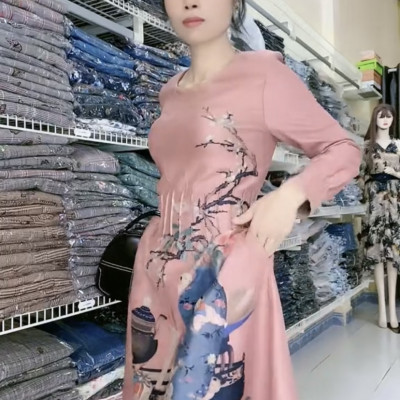 Đầm da lộn eo giảm béo họa tiết in chất lượng cao xinh xắn khác biệt myqlothing.
