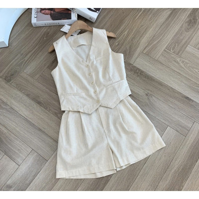 Set bộ linen gồm áo sơ mi + quần short dáng chữ A, hàng hot girl 2025 Bv01