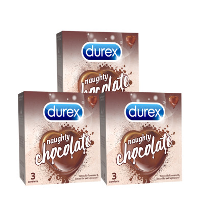 Bộ 3 hộp bao cao su Durex Naughty Chocolate hương socola, size 52mm, 3 bao/hộp