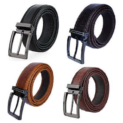 HJ4457-61-65-69 - Dây nịt nam da đà điểu đan viền đầu kim màu đen, nâu đất, vàng bò, nâu đỏ