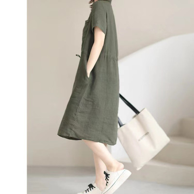 Đầm sơ mi nữ form suông ngắn tay, Đầm đũi nữ cổ sơ mi kèm dây thắt eo màu rêu Da75