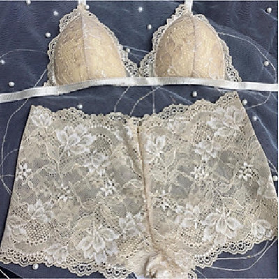 Bộ Nội Y Thiết Kế Ren Cao Cấp Trắng pha Vàng nhạt Có Mút Quần Đùi