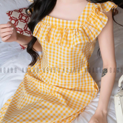 Đầm caro vàng phối cổ nhún NGADO , đầm caro , đầm kẻ ,  đầm dạo phố