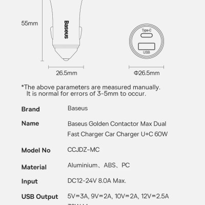 Tẩu Sạc Ô Tô Baseus Golden Contactor Max Dual Fast Charger Car Charger 60W - Hàng chính hãng