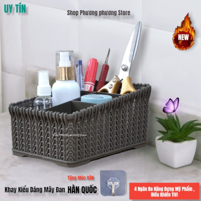 Khay đựng mỹ phẩm cao cấp nhiều ngăn kiểu dáng mây đan HÀN QUỐC ( Tặng vỉ dán tường )