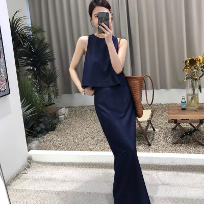 Set bộ linen nữ gồm áo sát nách và chân váy công sở dáng dài, bộ đồ công sở thanh lịch, đơn giản Bv12