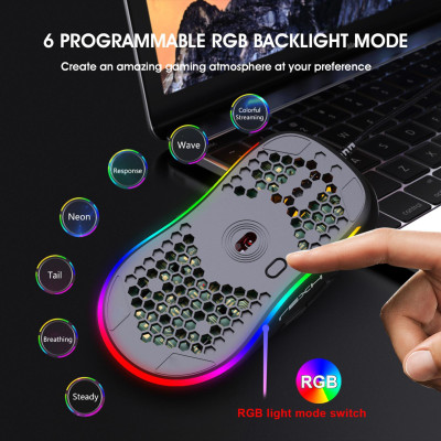 Chuột chơi game lập trình có dây USB Moiuse RGB Lighting với sáu DPI có thể điều chỉnh cho máy tính để bàn HXSJ X600