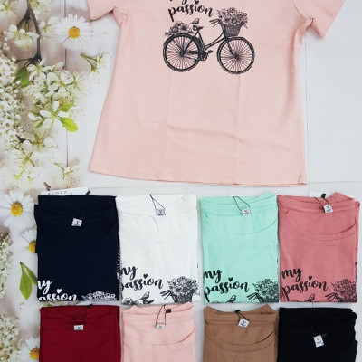 Áo Thun Ngắn Tay, Áo Phông Cộc Tay Nữ Vicci AP.01.1 chất liệu cotton vân gỗ phối hoạ tiết hình Xe đạp