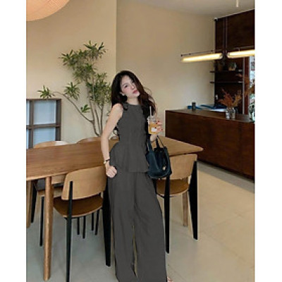 Set áo cổ tròn sát nách phối quần ống suông thanh lịch