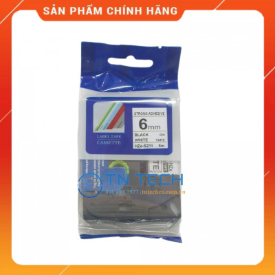 Nhãn In HZE-S211 - Đen nền trắng 6mm x 8m - Dùng cho máy in BROTHER - AIMO - PUTY [Hàng nhập khẩu]