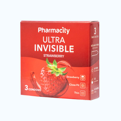 Pharmacity Bao cao su Ultra Invisible hương dâu siêu mỏng (3 cái/hộp)