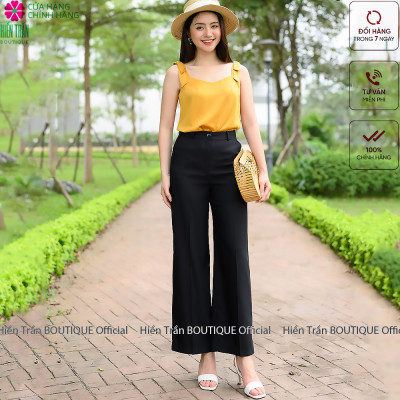 Quần ống rộng Hiền Trần BOUTIQUE lưng cạp cao baggy vải nữ dài suông loe culottes xuông màu đen