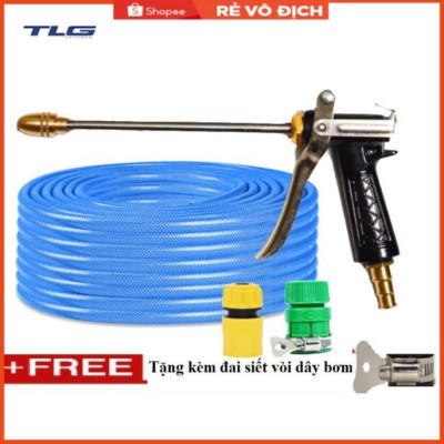Bộ dây vòi xịt nước rửa xe, tưới cây . tăng áp 3 lần, loại 20m 206318 đầu đồng, cút+ tặng đai