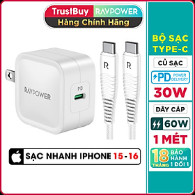 Bộ Củ Sạc Nhanh Type C 30W Cho iPhone 15, iP16, Cho SamSung RAVPower RP-PC120 Và Cáp Type C to C RP-CB047 - Hàng Chính Hãng