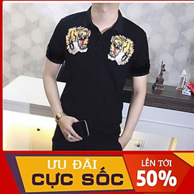 Áo Thun Nam Ngắn Tay Có Cổ Phối Họa Tiết Thêu Hai Đầu Hổ Cao Cấp Chất Vải Không Xù Không Phai Màu Hàng VNXK