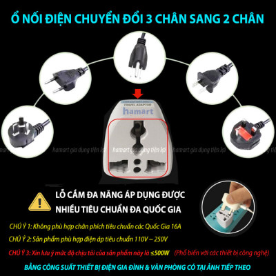 Ổ Nối Điện Chuyển Đổi Đầu Phích Cắm 3 Chấu Sang 2 Chân Dẹt Công Suất Tải 500W Điện Áp 220V Phổ Biến